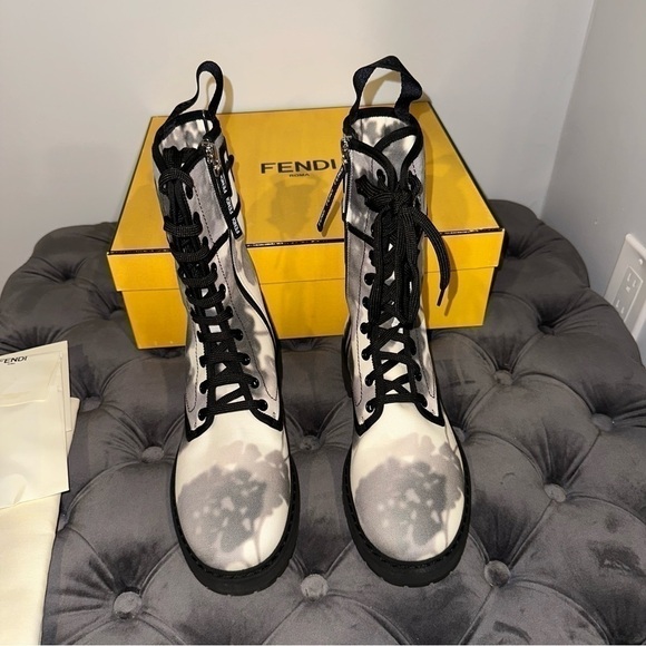 New Size 38.5 Fendi Floral Combat Boots Black White Tie Dye - Picture 3 of 9